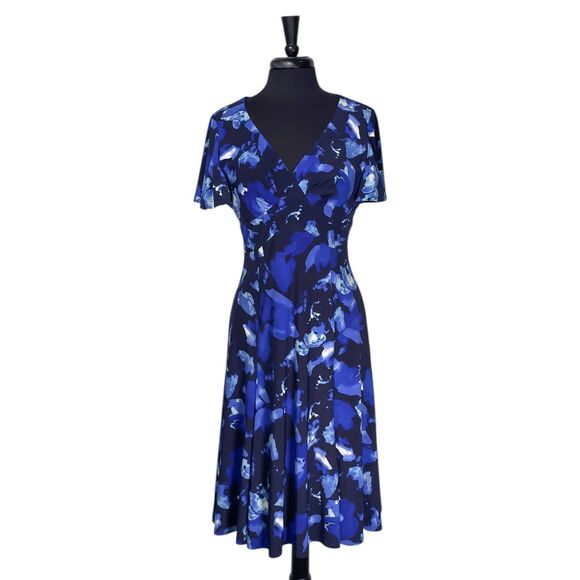 Chaps Ralph Lauren Women's Dress Blue Floral Stretch Surplice Sheath Fit Flare M - Picture 1 of 8